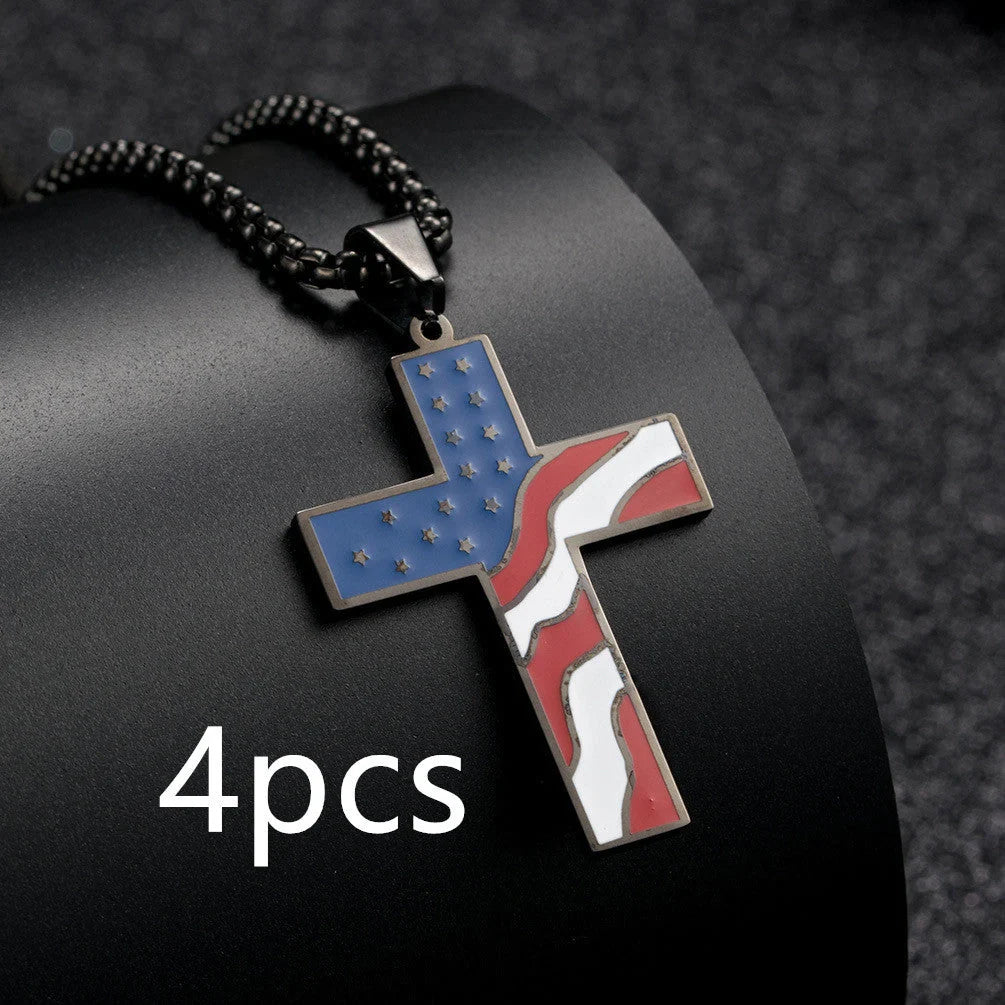 Stainless steel flag cross necklace for men, geometric design, polished finish.