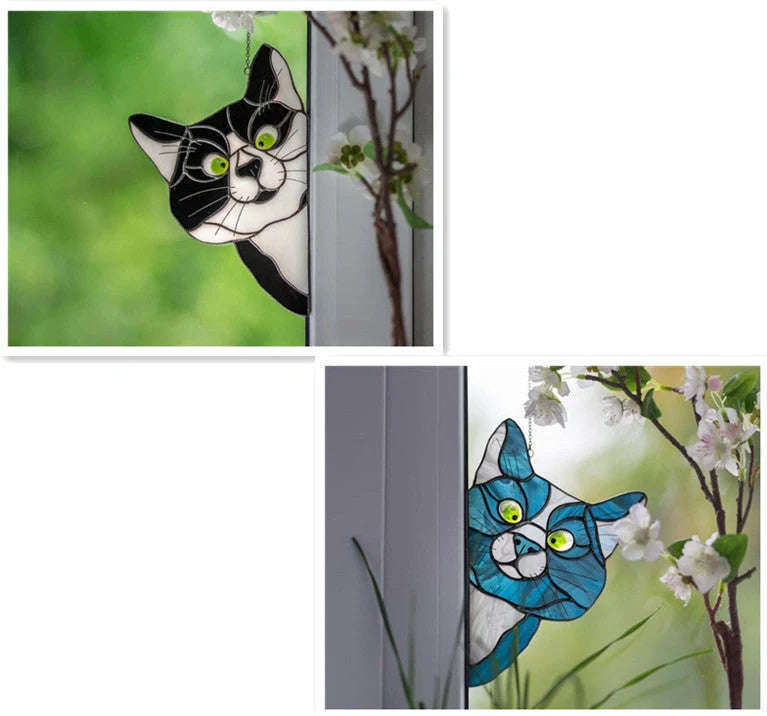 Colourful stained glass cat window hanger decoration, reusable PVC sticker