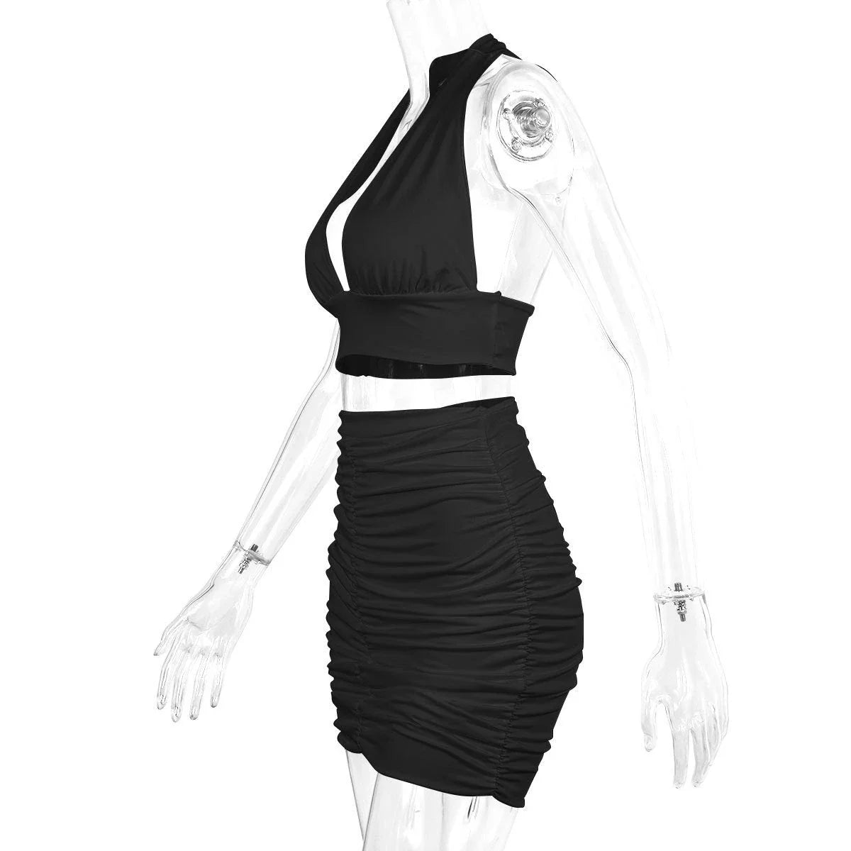 A stylish two-piece dress set featuring a halter-style lace-up top and a pleated hip-covering skirt, available in white, black, and pea green colors.