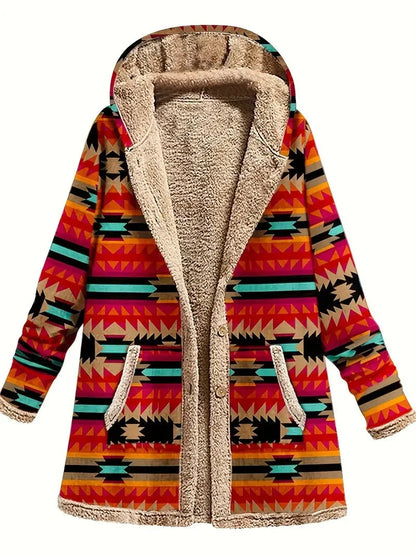 Stylish printed cotton and linen hoodie with warm plush lining, perfect for cooler weather.