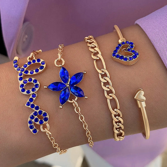 4-piece Blue Flower Love Butterfly Bracelet Set with Rhinestones for Valentines Day
