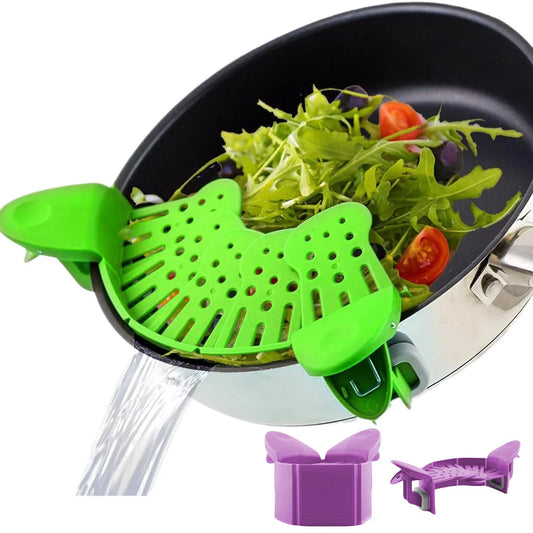 Universal Silicone Clip-on Pan Pot Strainer in purple and green, showcasing its compact design and clip mechanism