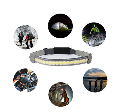 Rechargeable LED headlamp with red safety light, perfect for outdoor activities like cycling, camping, and fishing