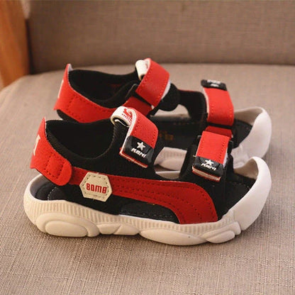 Boys' summer sandals with soft soles and anti-kick design in white, red, and blue