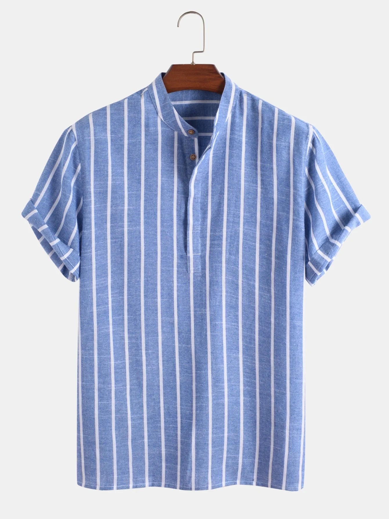 Men's striped cotton short sleeve shirt in white, red, grey, and blue