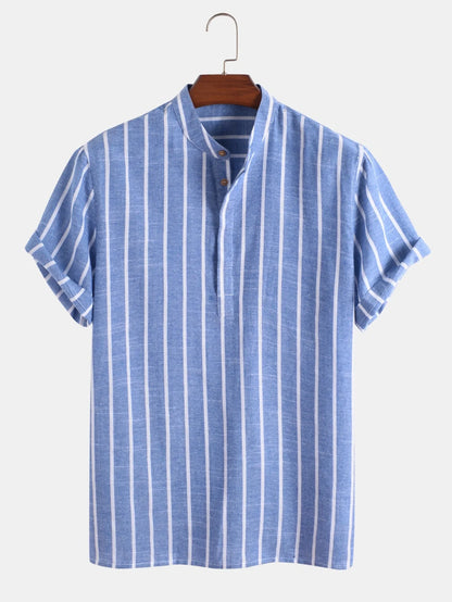 Men's striped cotton short sleeve shirt in white, red, grey, and blue