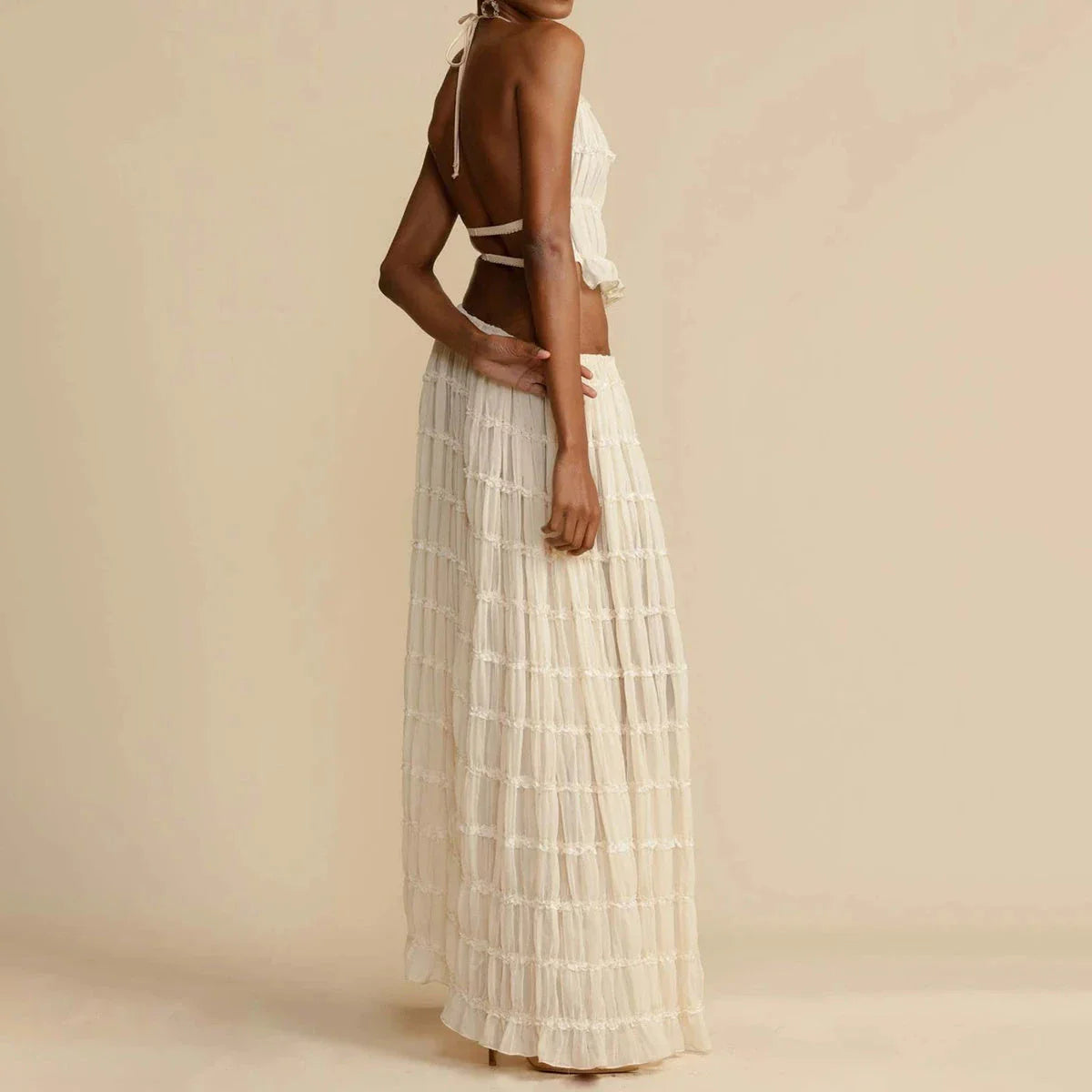 Chic sleeveless backless cropped halter top and pleated maxi dress set in various colors