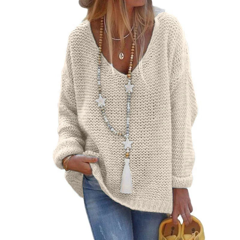V-neck Long Sleeve Knit Top in black, apricot, and blue
