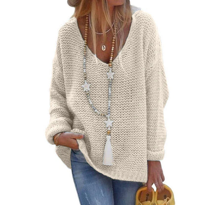 V-neck Long Sleeve Knit Top in black, apricot, and blue