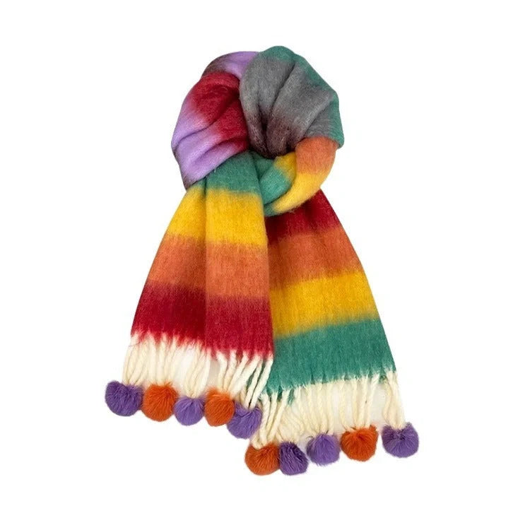 Vibrant rainbow mohair tassel scarf for warmth and style
