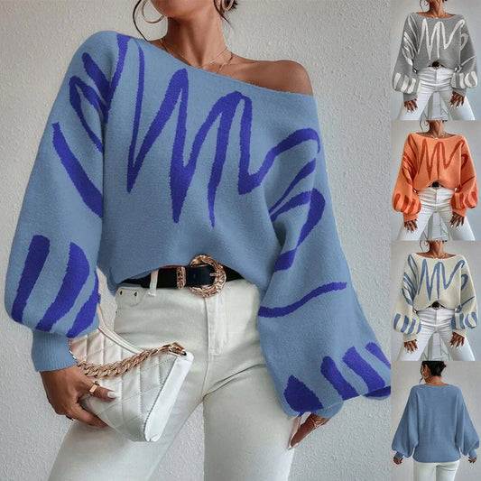 Women's lantern-sleeved pullover sweater with printed design in various colours