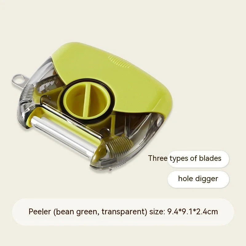 3-in-1 Stainless Steel Peeler Shredder in green and grey with ergonomic handle