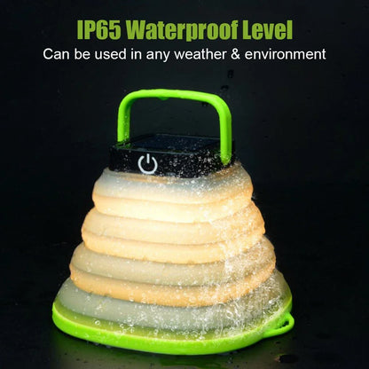 Collapsible camping lantern with solar charging, three brightness levels, and water-resistant design