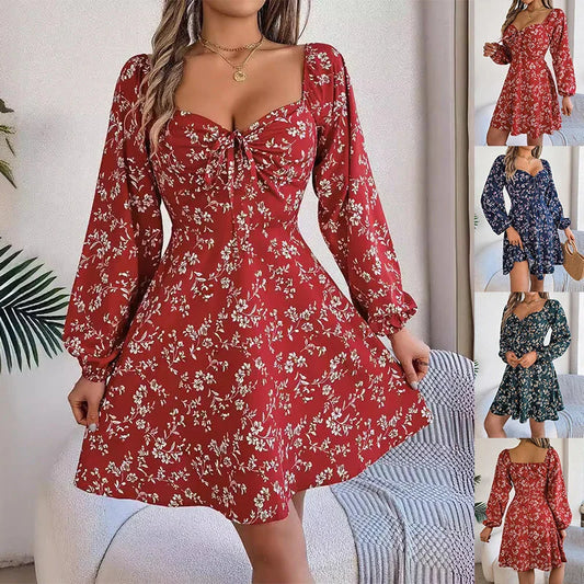 Stunning floral dress with trendy lantern sleeves, featuring a chic A-line silhouette and vibrant color options