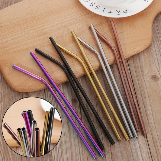 Vibrant reusable stainless steel straws set with cleaning brush, eco-friendly alternative to plastic