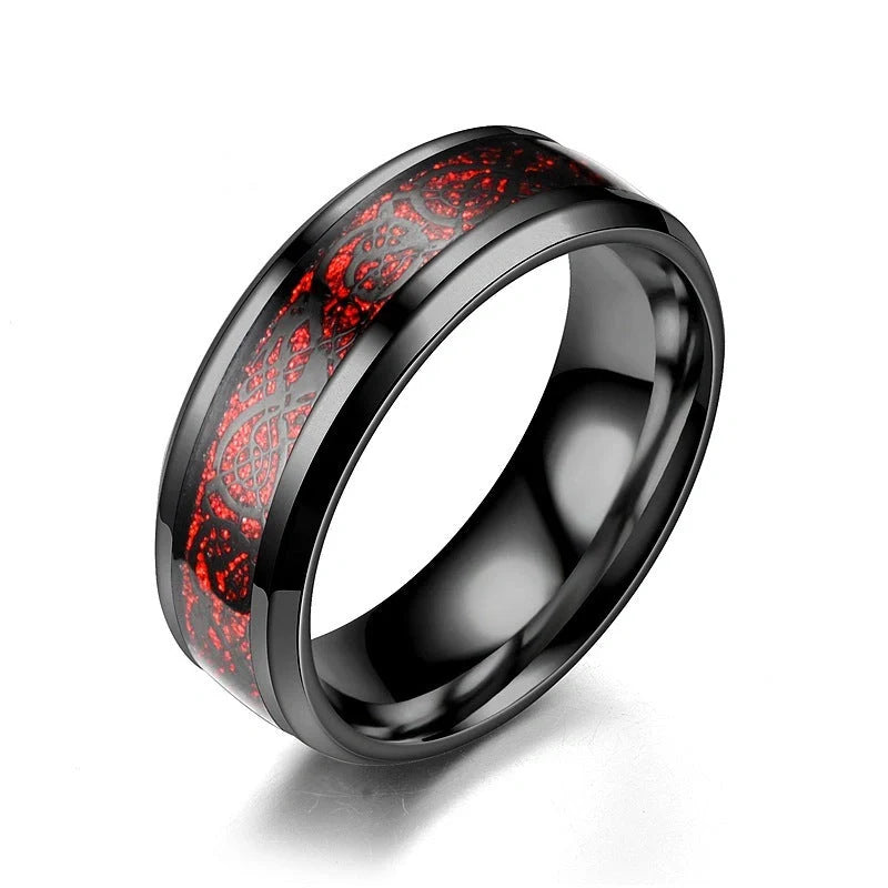 Dragon pattern stainless steel ring in black gold, showcasing intricate design and polished finish.