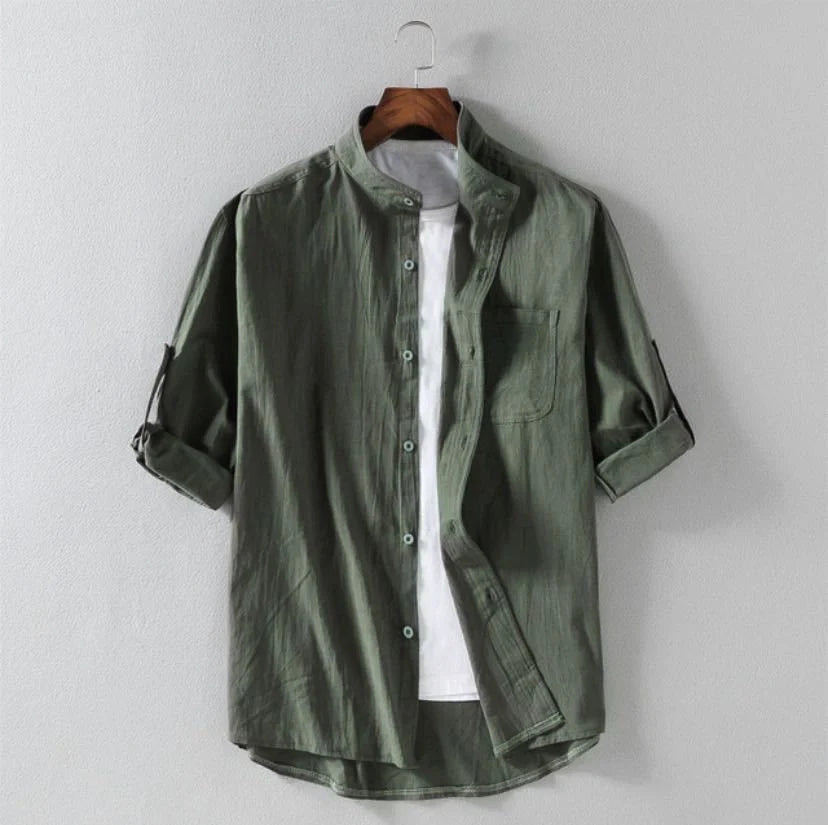 Men's linen stand collar loose shirt in cotton available in white, black, and green
