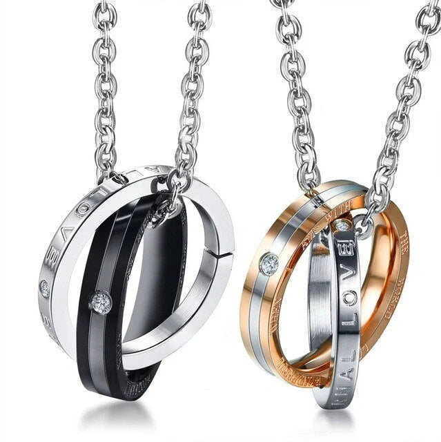 Stainless steel couple necklace with black men's and rose gold women's versions