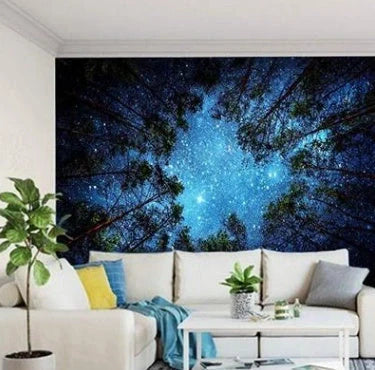 Forest starry tapestry wall hanging with detailed celestial and nature design, 100% polyester