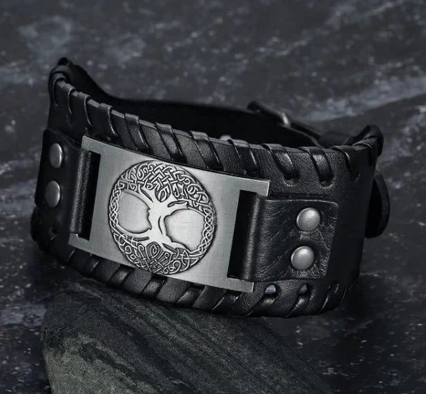 Handcrafted leather arm cuff with Celtic Tree of Life metal design