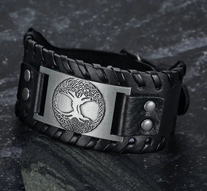 Handcrafted leather arm cuff with Celtic Tree of Life metal design