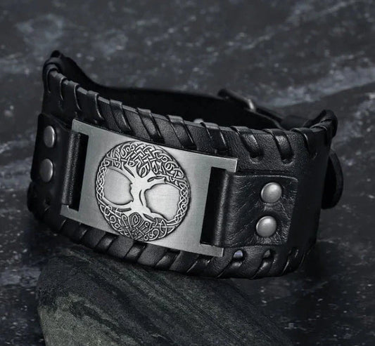 Handcrafted leather arm cuff with Celtic Tree of Life metal design