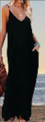 Poetsky Women's Strappy V-Neck Maxi Beach Dress with Pockets in Pure black, Speckled black, and Purple pink