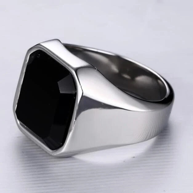 Men's geometric stainless steel ring in silver, gold, red, and black finishes