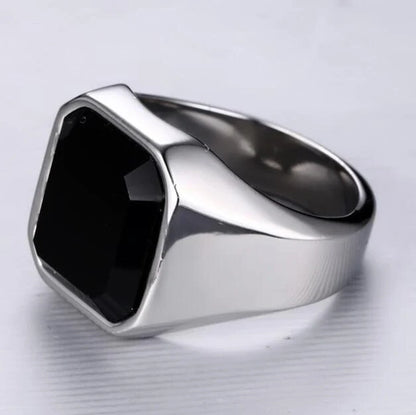 Men's geometric stainless steel ring in silver, gold, red, and black finishes