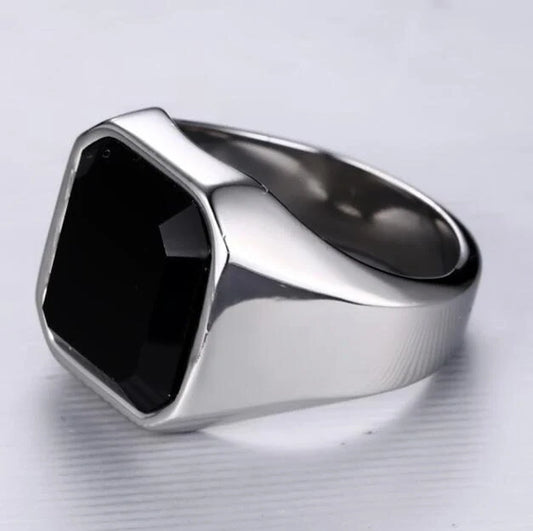 Men's geometric stainless steel ring in silver, gold, red, and black finishes