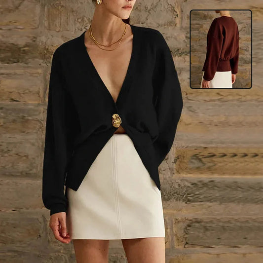 Women's V-neck Button Cardigan Knitted Sweater in brown and black