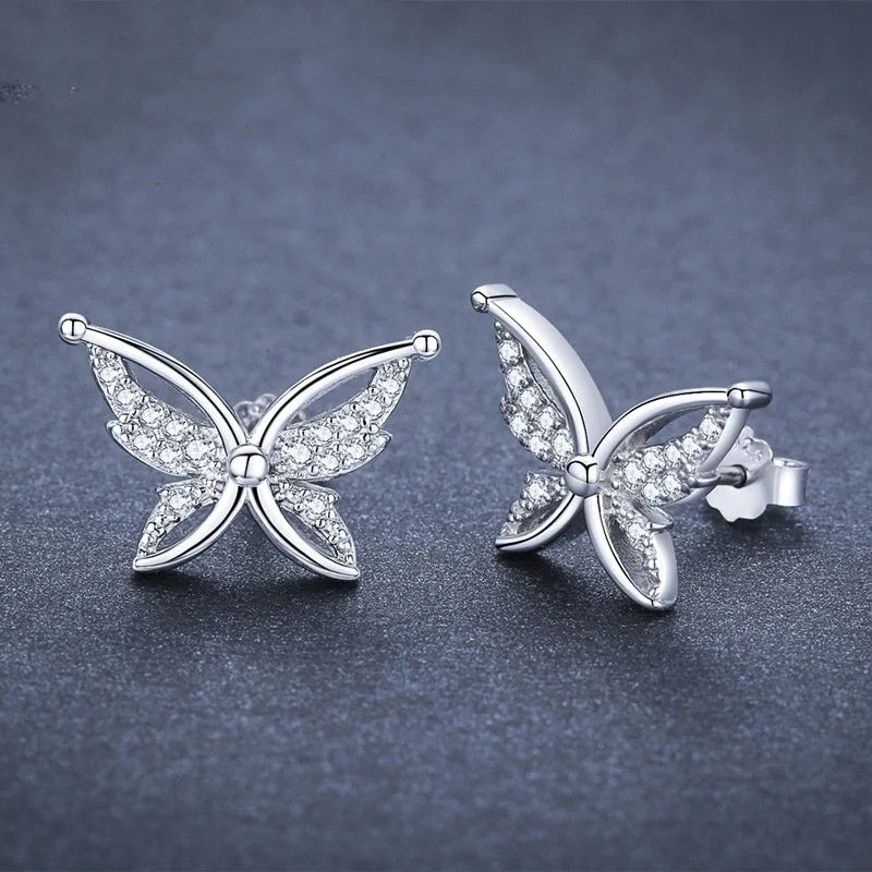 Black butterfly stud earrings with full rhinestone zircon detailing