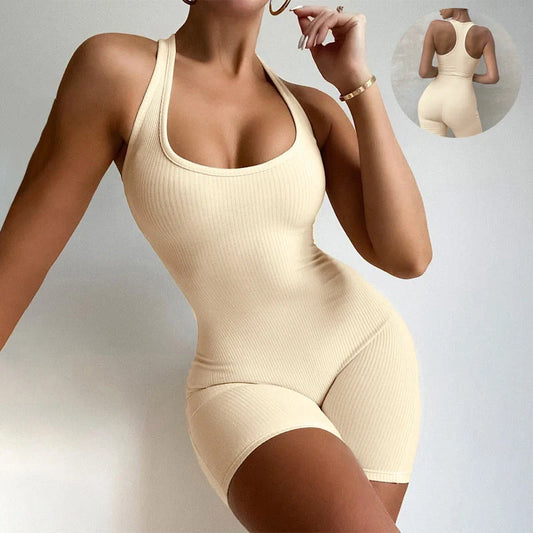 Women's sleeveless backless jumpsuit for yoga and fitness in solid colours