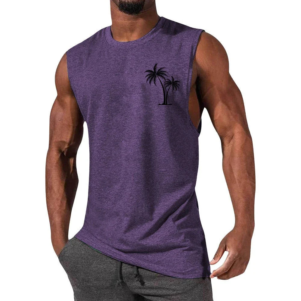 Tropical coconut tree print workout tank top for men, made with breathable, moisture-wicking fabrics for an active lifestyle.
