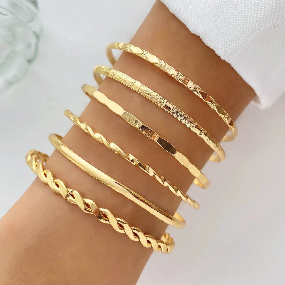 Bohemian Metal Chain Bracelet Set with Geometric Gold-tone Links for Women