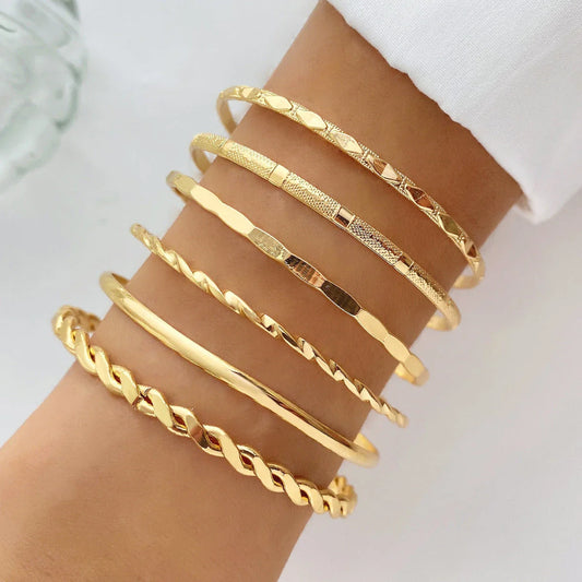 Bohemian Metal Chain Bracelet Set with Geometric Gold-tone Links for Women