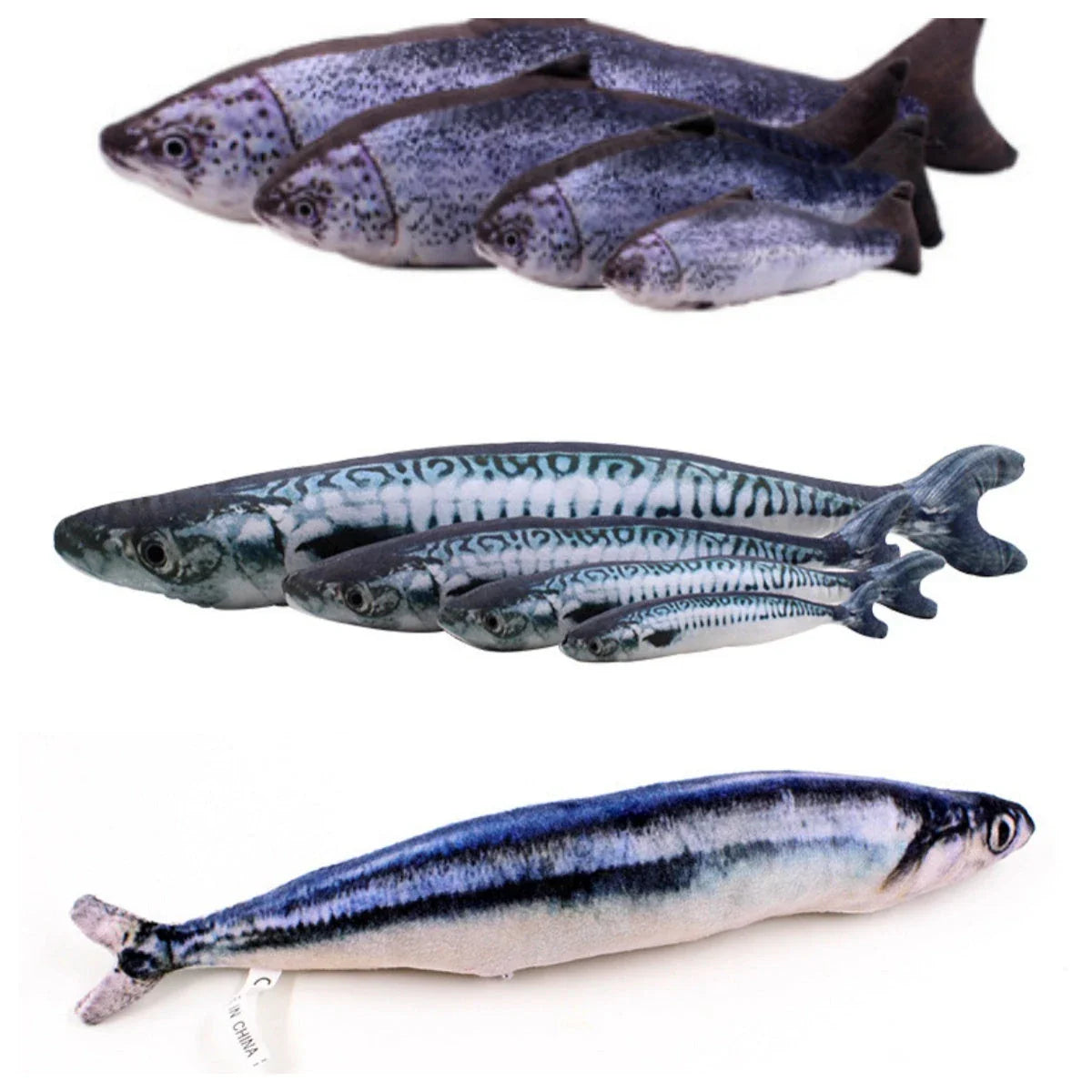Soft, durable and realistic cat plush toy in the shape of a fish pillow, available in various sizes and designs.