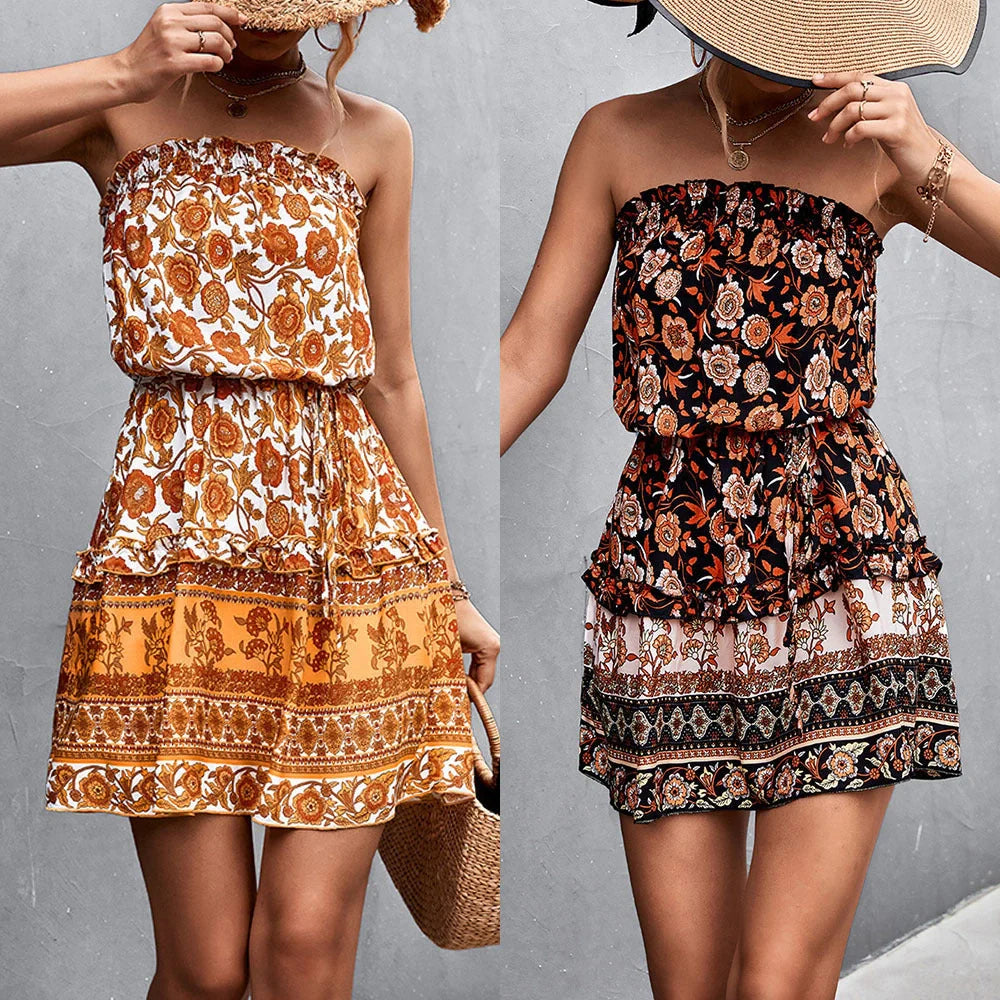 Women's Bohemian Floral Print Strapless Dress in black and orange for summer beach wear
