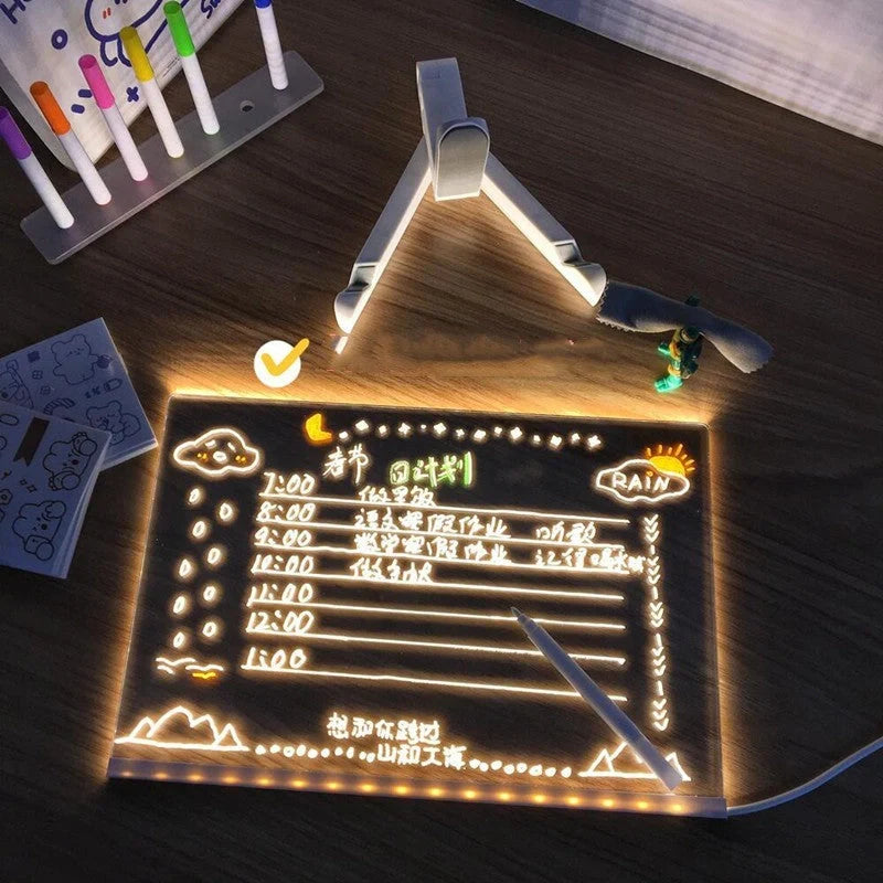 Acrylic DIY Note Board LED Night Light with 7 pens on a desk