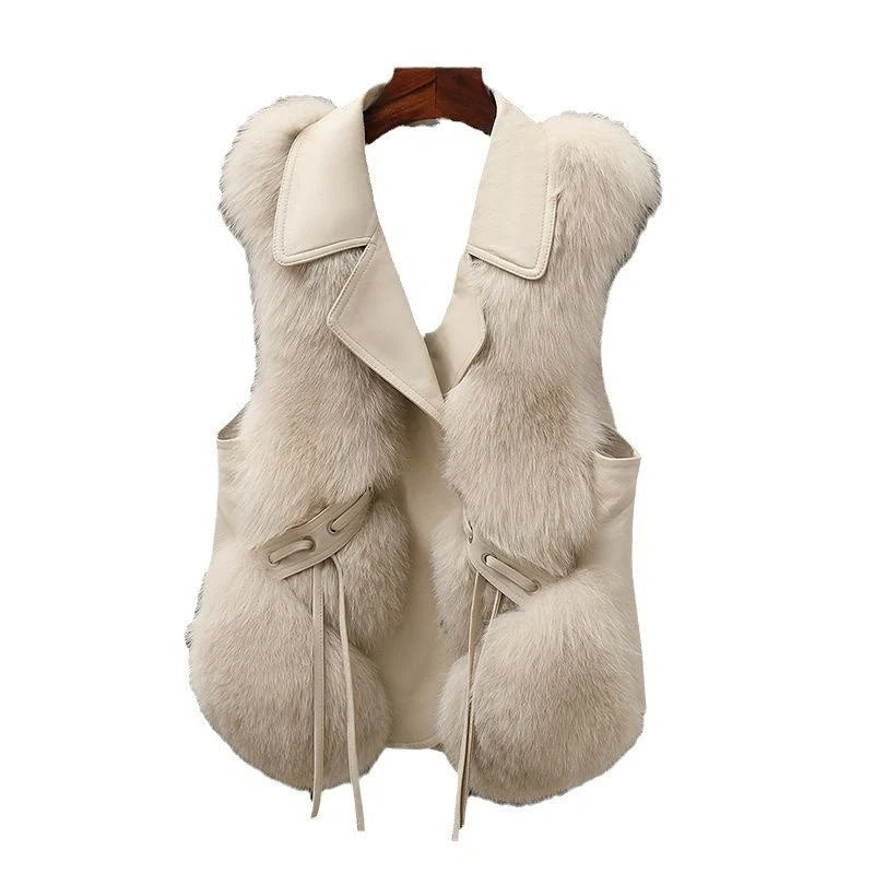 Women's patchwork winter fox fur jacket in milk tea and camel colours