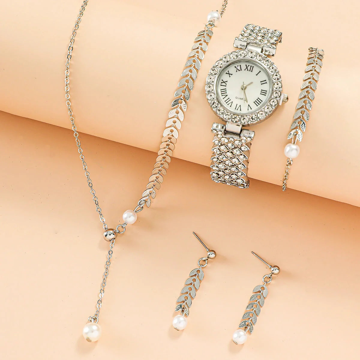 Diamond women's luxury quartz bracelet watch with rhinestone accents and complete jewellery set
