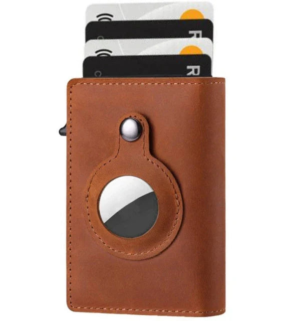 Premium leather wallet with built-in AirTag holder for secure everyday carry and item tracking