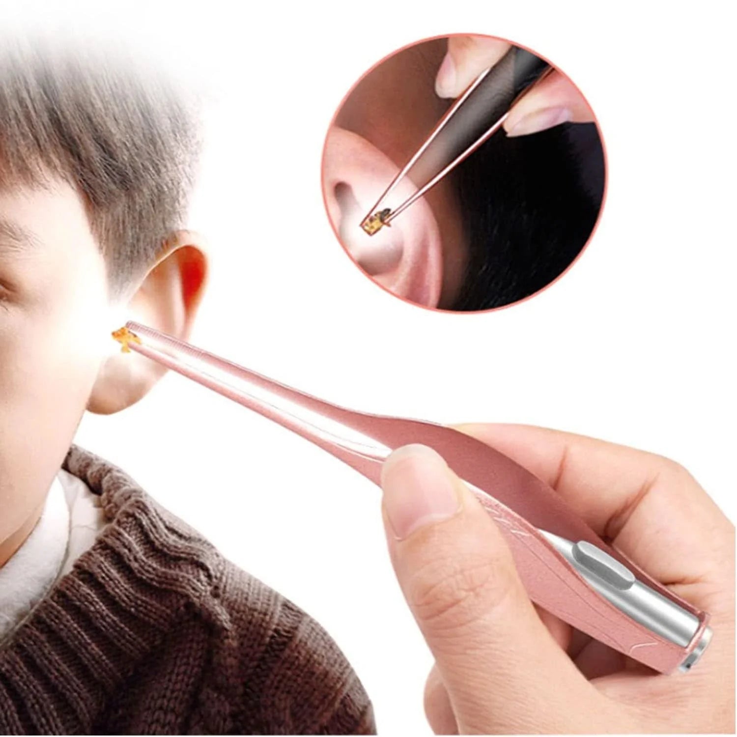 LED Light Ear Wax Removal Tool with magnifying glass and soft spoon head in blue, rose gold, and pink