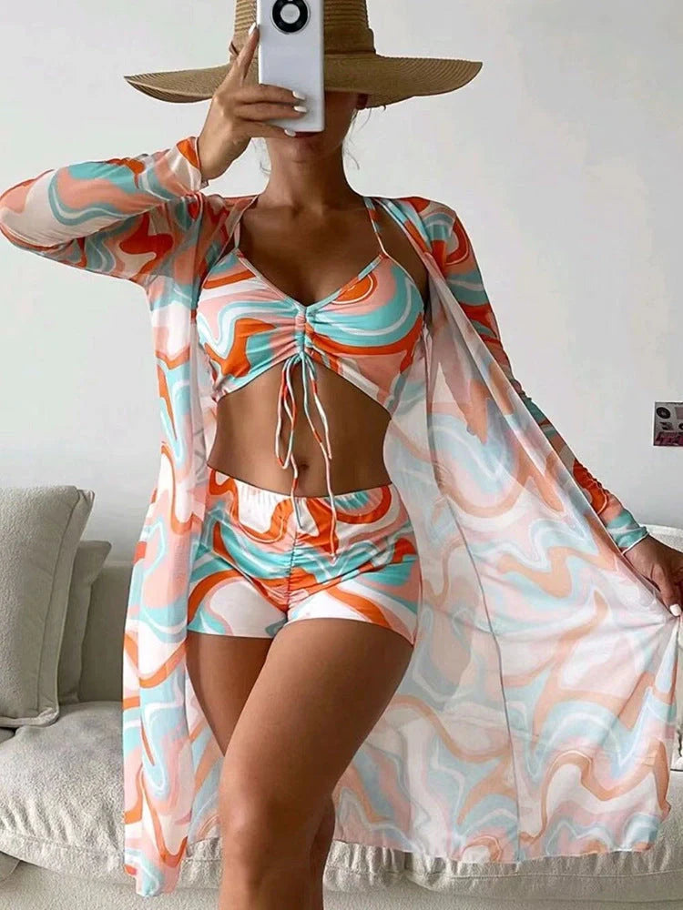 3-piece Pring bikini set with long sleeve cardigan for women, floral design