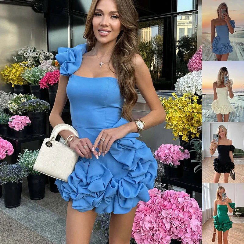 One-shoulder ruffled flower-bud design short dress for women in black, white, green, and blue