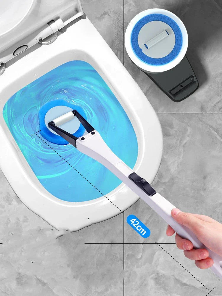 A modern, hygienic toilet cleaning brush with disposable heads and a long handle for easy, hands-free use.