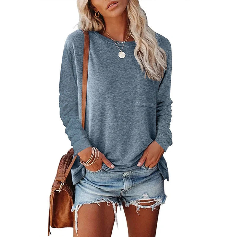 A long-sleeved cotton-polyester blend T-shirt in a variety of classic and on-trend colours, featuring a stylish chest pocket design.
