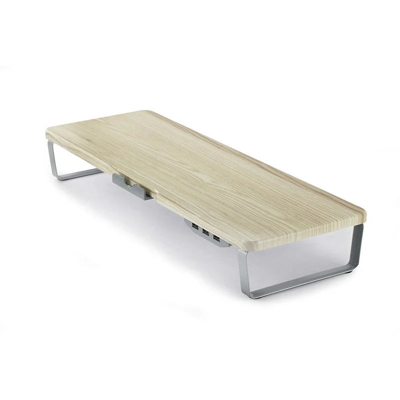 Ergonomic monitor holder riser with USB ports and cell phone holder in dark wood finish