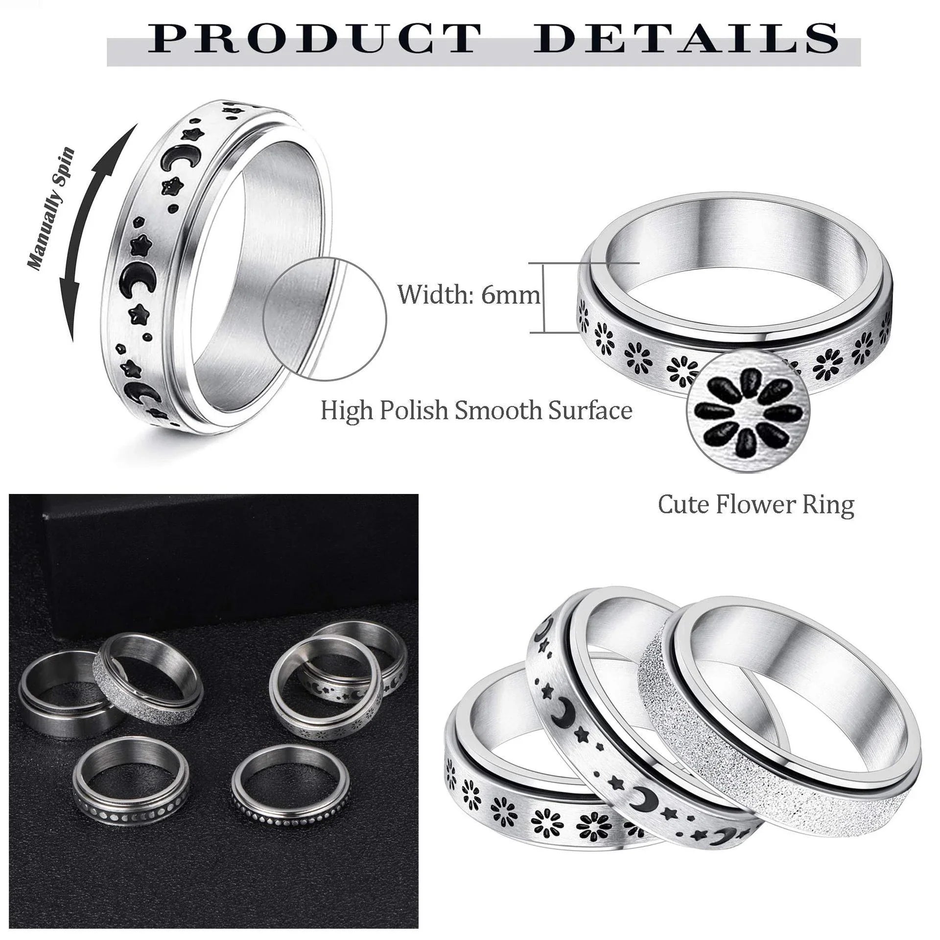 Elegant stainless steel spinner ring with a captivating moon and star design that rotates effortlessly for a calming tactile experience