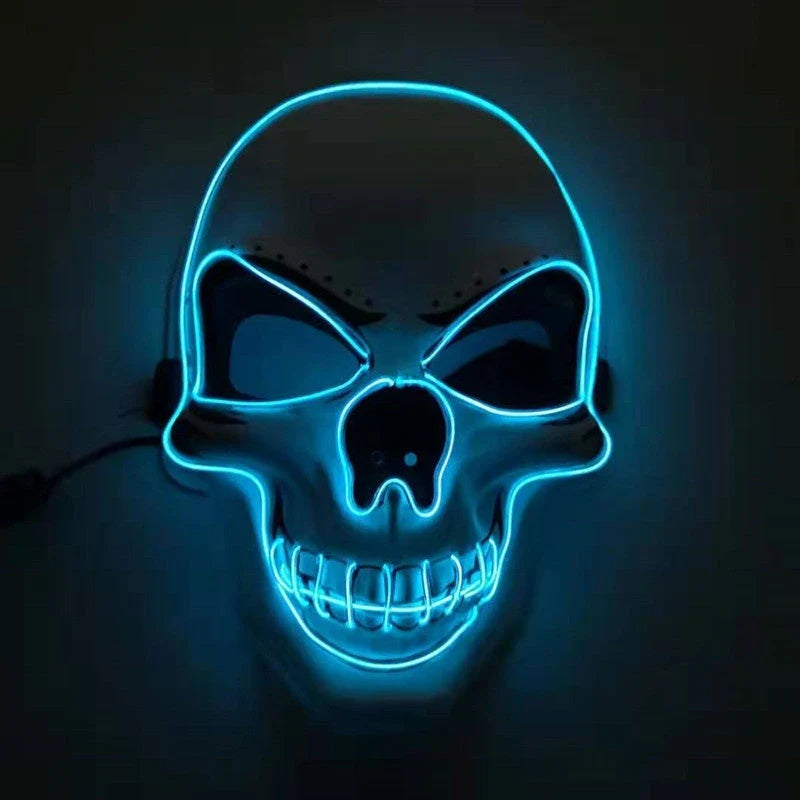 A glowing skull-shaped Halloween mask with adjustable straps and three lighting modes: constant, slow flash, and rapid pulse